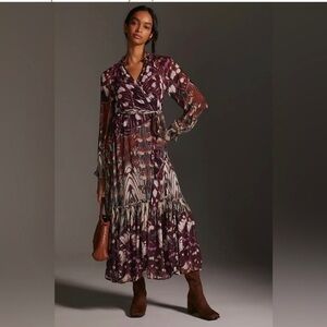Anthropologie Butterfly Long-Sleeve Wrap Midi Dress, Size Small